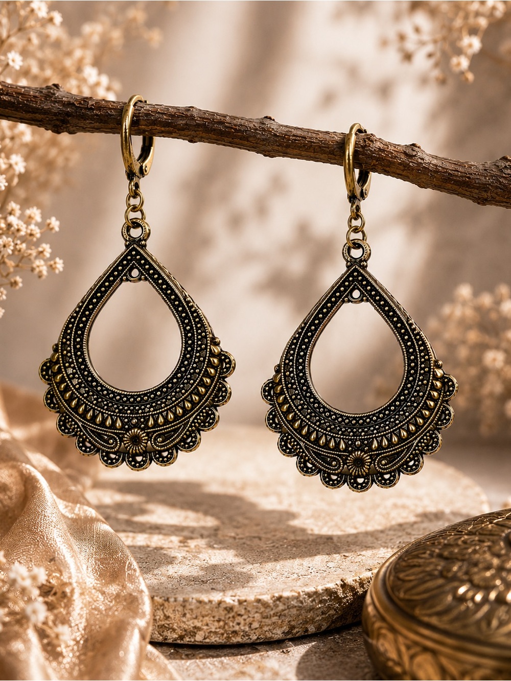 Antique Bronze Filigree Teardrop Earrings Boho Statement Leverbacks